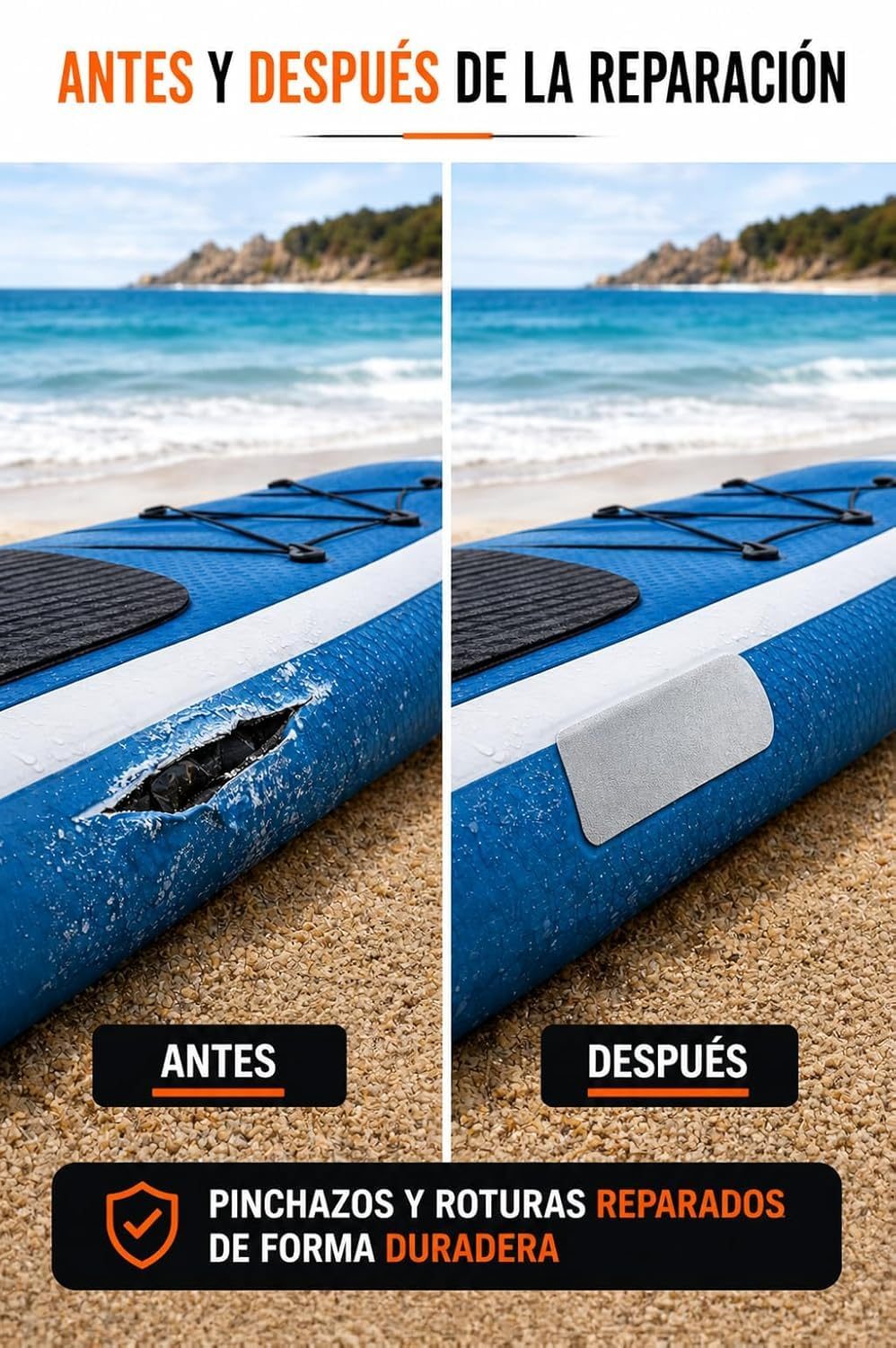 Reparación de tabla de paddle surf, antes y después