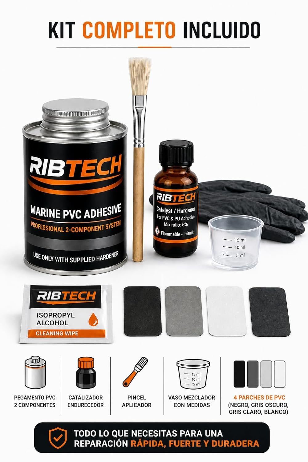 Contenido completo del kit de reparación Ribtech: adhesivo, catalizador, pincel, vaso mezclador, guantes, toallita y parches de PVC