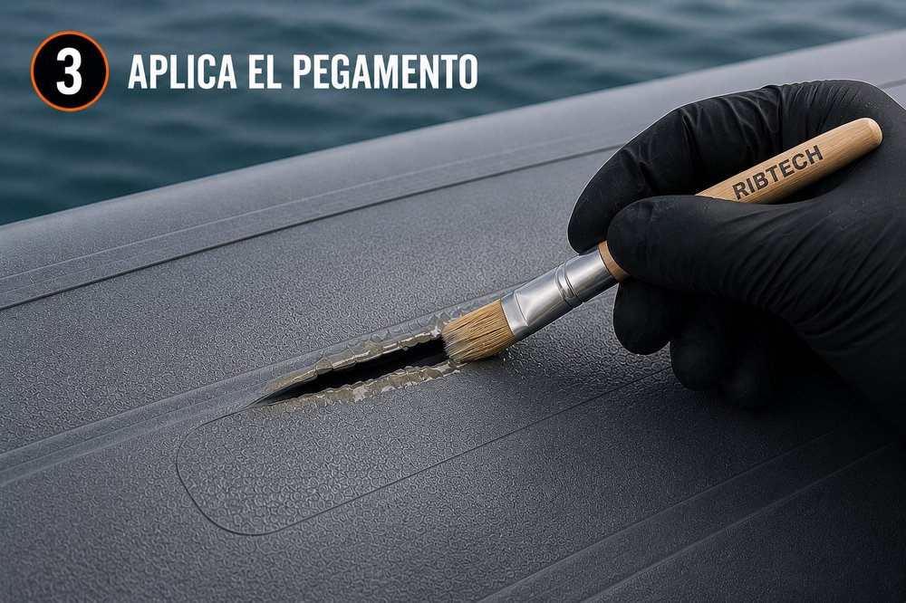 Aplicación del pegamento con el pincel sobre la zona dañada